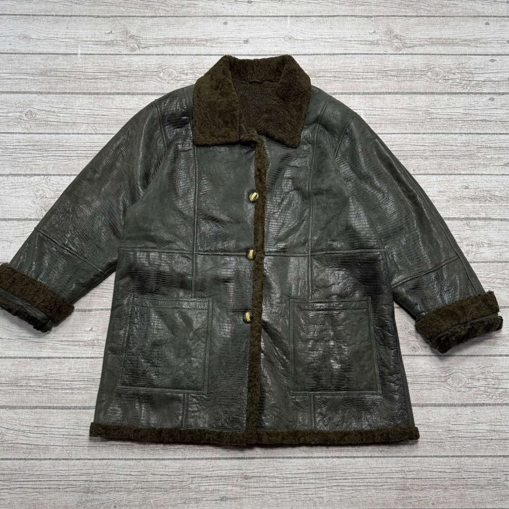 Vintage Shearling Coat Women's XL Green Leather Faux Fur Lined Padded Outdoor